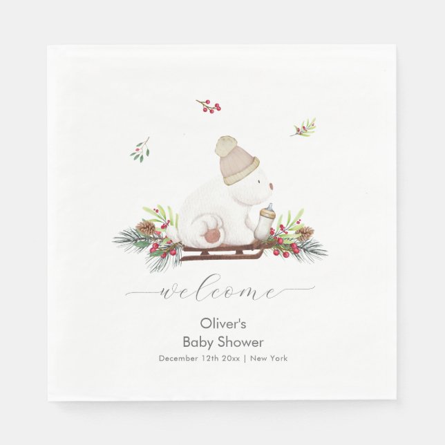 Winter Sleigh Polar Bear Baby Shower Welcome  Serviette (Vorderseite)