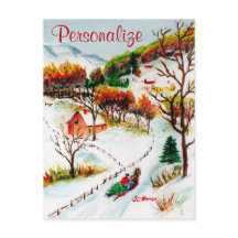 Winter Sleigh Ride Mountain Christmas Watercolor