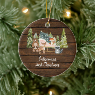 Winter Sleigh Rustic First Christmas Keramik Ornament