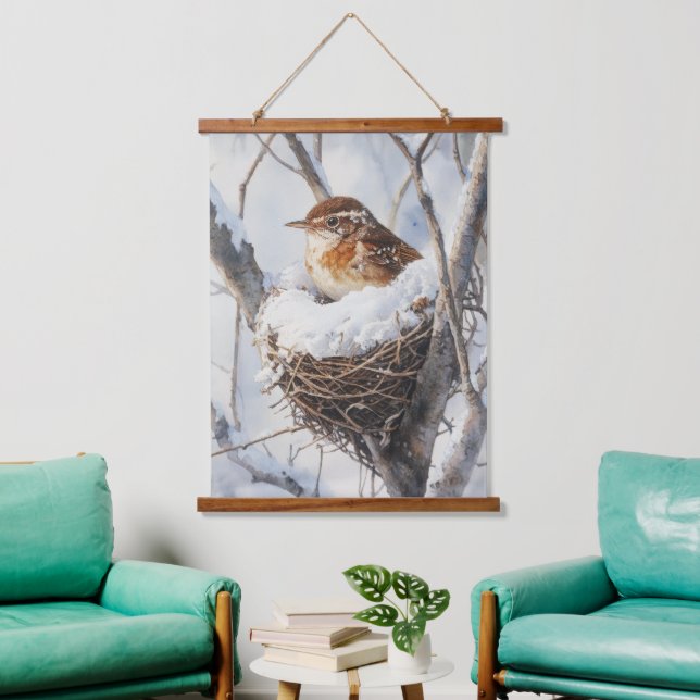 Winter Snow Bird Wren in Tree Nest Nature Art Wandteppich Mit Holzrahmen (Wohnzimmer)