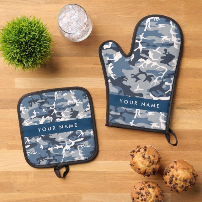Winter Snow Blue Camouflage Ihr Name Personalisier Ofenhandschuh & Topflappen-Set (Oben Unten)