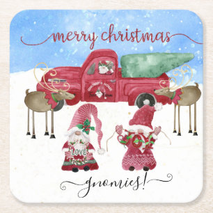 Winter Snow Gnomes Frohe Weihnachts Red Truck Rechteckiger Pappuntersetzer