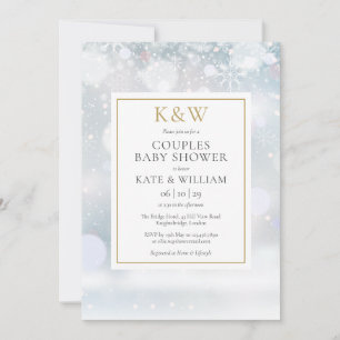 Winter Snow Gold Monogram Couples Kinderdusche Einladung