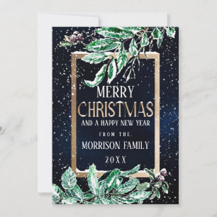 Winter Snow Gold Navy Leaf Watercolor Weihnachten