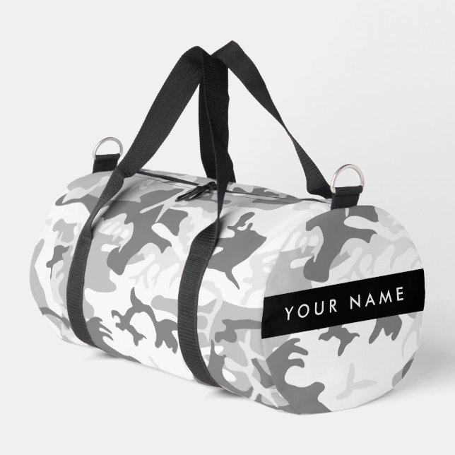 Winter Snow Gray Camouflage Ihr Name personalisier Duffle Bag (Linke Seite)