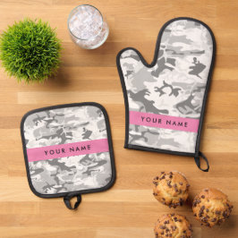 Winter Snow Gray Camouflage Ihr Name personalisier Ofenhandschuh & Topflappen-Set