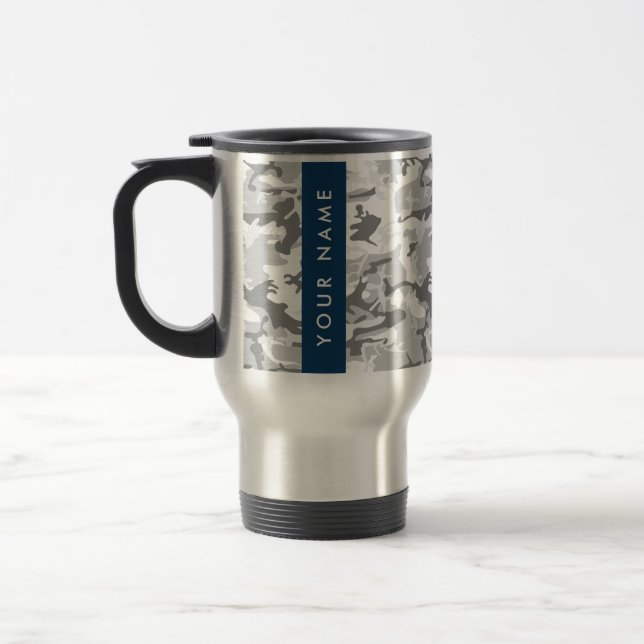 Winter Snow Gray Camouflage Ihr Name personalisier Reisebecher (Links)