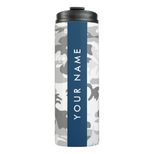 Winter Snow Gray Camouflage Ihr Name personalisier Thermosbecher