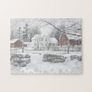 Winter Snow Red Barn Farm House Puzzle