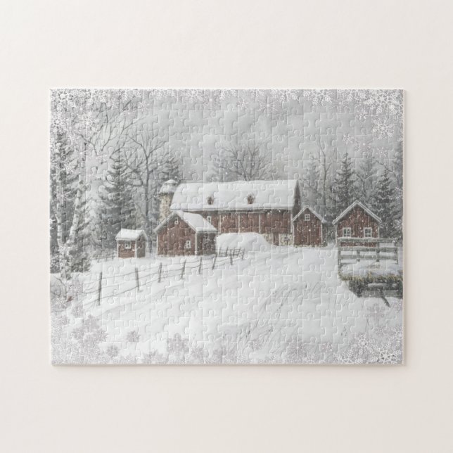 Winter Snow Red Barn Farm Puzzle (Horizontal)