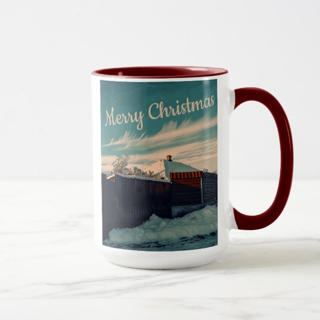 Winter Snow Scene Teal Sky Retro Landscape Tasse (Rechts)