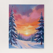 Winter Snow Sunset | Pastel Watercolor Painting