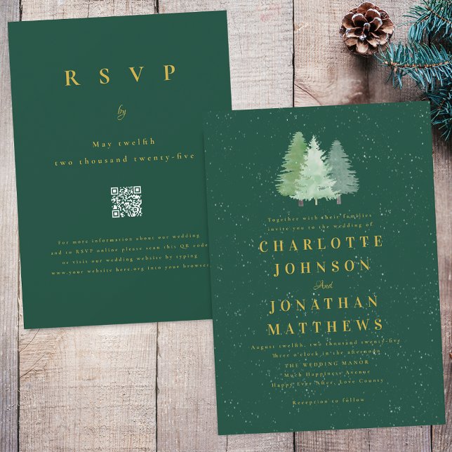 Winter Snow Woodland Green Gold Hochzeit QR Code Einladung (Modern woodland winter snow green & gold Forest wedding QR code invitation Watercolor evergreen tree)