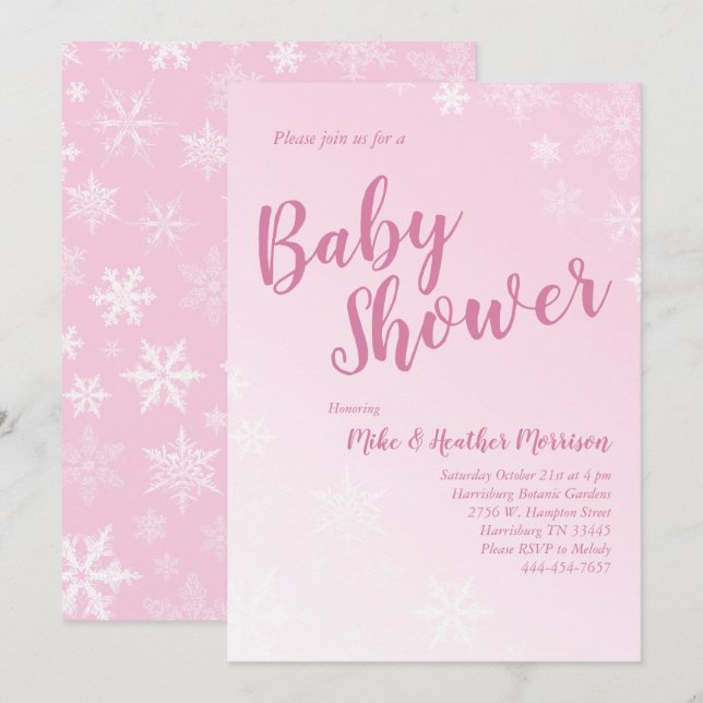 Winter Snowflake Baby Dusche Pink Girl Einladung (Vorne/Hinten)