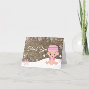 Winter Snowflake Baby Girl Pink Burlap Dankeskarte