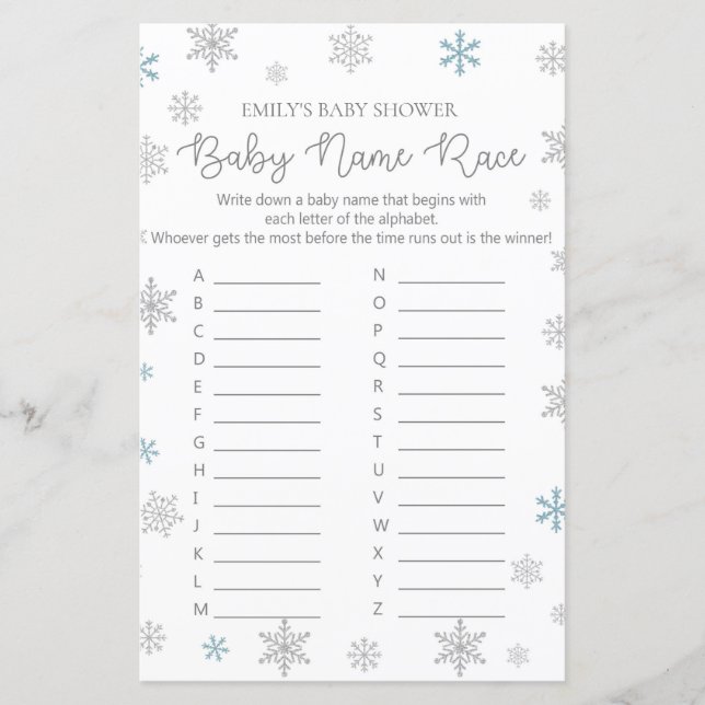 Winter Snowflake Baby Shower Game PRINTIERT (Vorderseite)