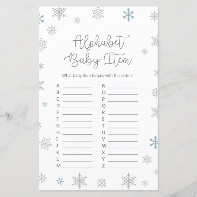 Winter Snowflake Baby Shower Game PRINTIERT (Vorderseite)