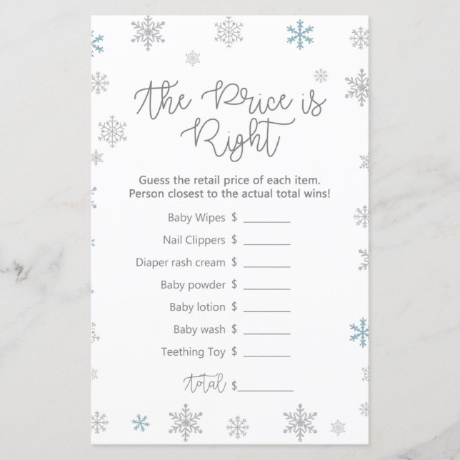 Winter Snowflake Baby Shower Game PRINTIERT (Vorderseite)