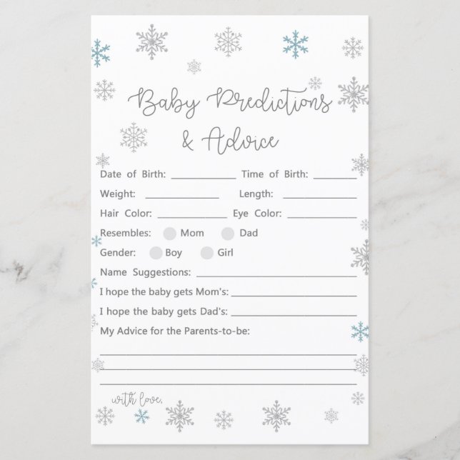 Winter Snowflake Baby Shower Game PRINTIERT (Vorderseite)