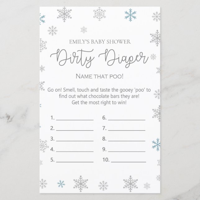 Winter Snowflake Baby Shower Game PRINTIERT (Vorderseite)