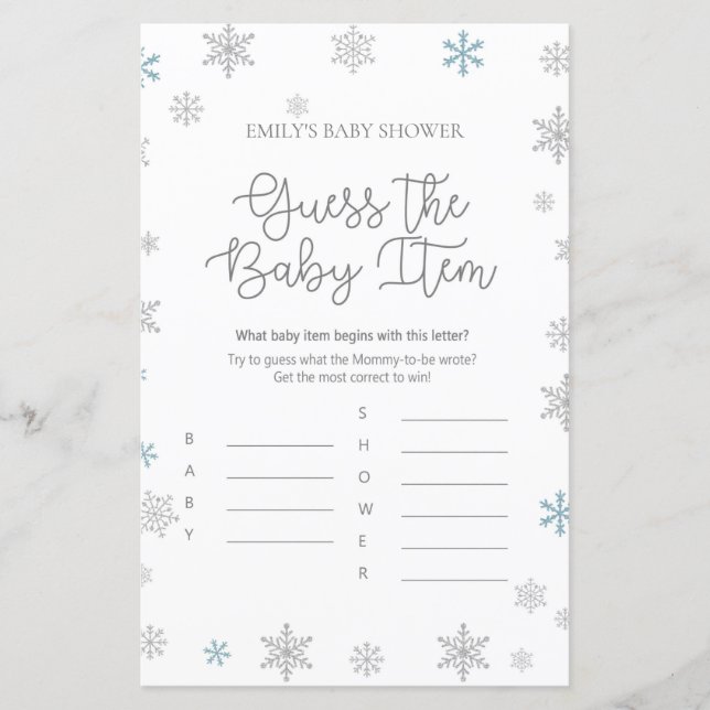 Winter Snowflake Baby Shower Game PRINTIERT (Vorderseite)