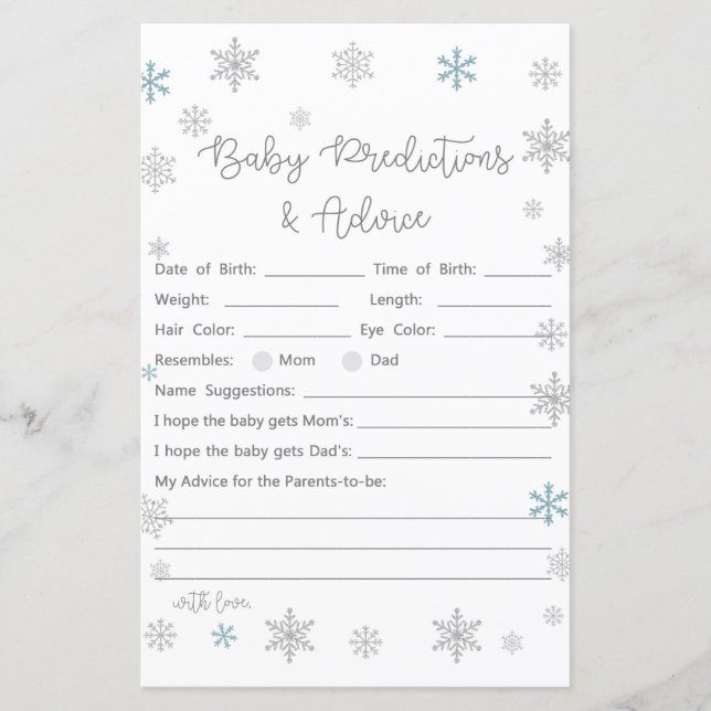 Winter Snowflake Baby Shower Game PRINTIERT (Vorderseite)