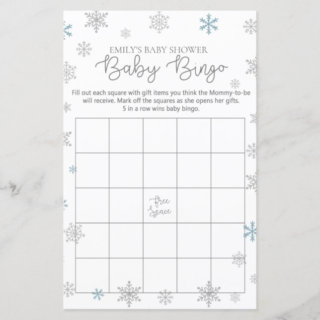 Winter Snowflake Baby Shower Game PRINTIERT (Vorderseite)