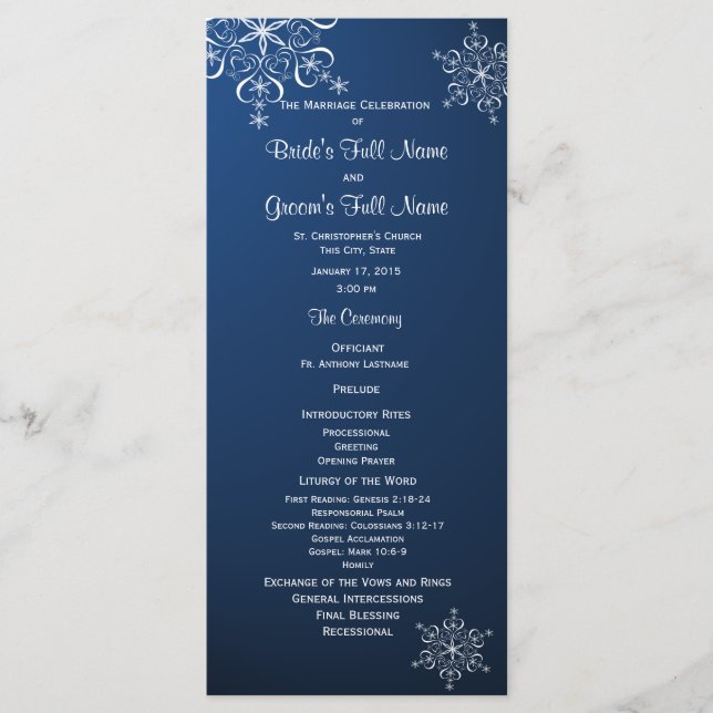 Winter Snowflake Blue Wedding Programm (Vorderseite)