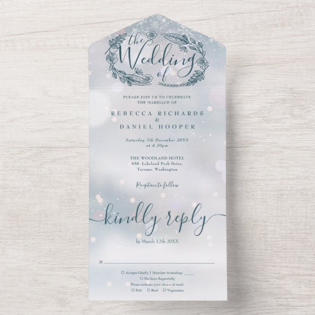 Winter Snowflake Bohemian Foliage Wedding All In One Einladung (Innen Boden)