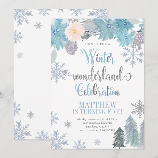 Winter Snowflake Geburtstag Einladung Blue Boy (Vorne/Hinten)