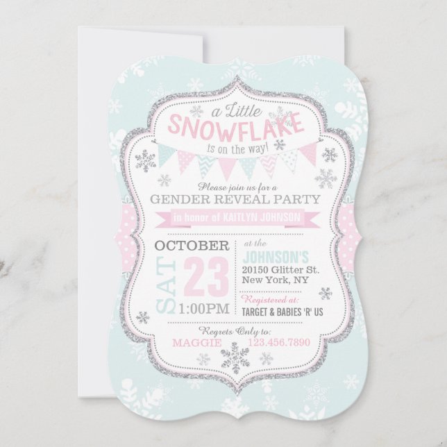 Winter Snowflake Glitzer Gender Reveal Einladung (Vorderseite)