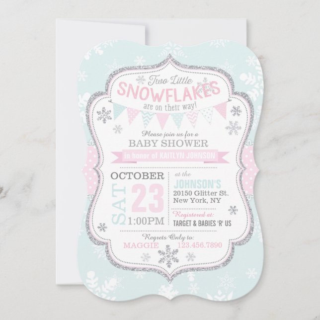 Winter Snowflake Glitzer Twins Kinderdusche Einladung (Vorderseite)