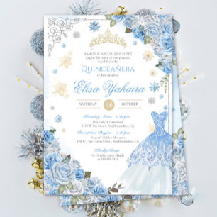 Winter Snowflake Ice Blue Gold Silver Quinceañera Einladung