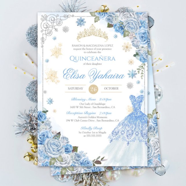 Winter Snowflake Ice Blue Gold Silver Quinceañera Einladung (Von Creator hochgeladen)