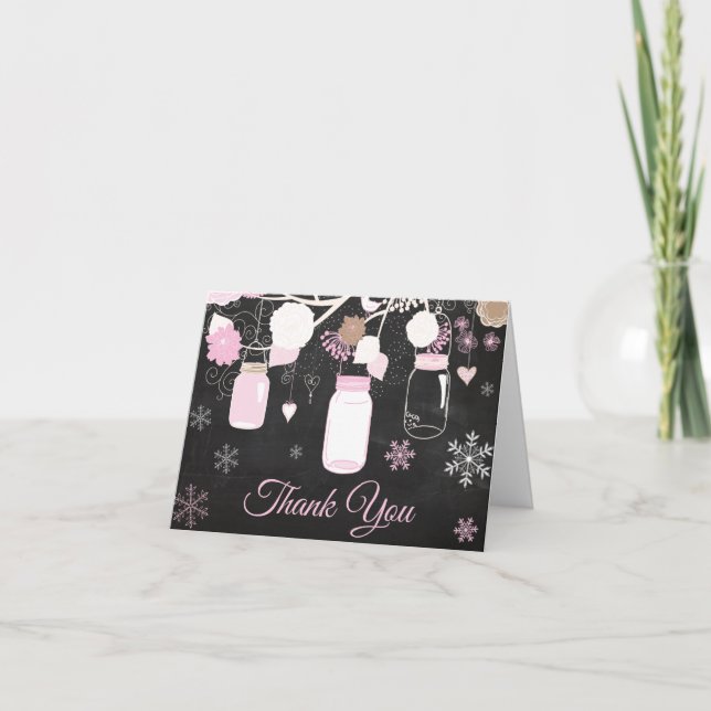 Winter Snowflake Mason Jar Pink Chalkboard Dankeskarte (Vorderseite)