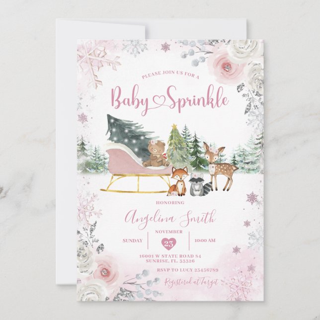 Winter Snowflake Pastel Pink Sleigh Baby Sprinkle Einladung (Vorderseite)