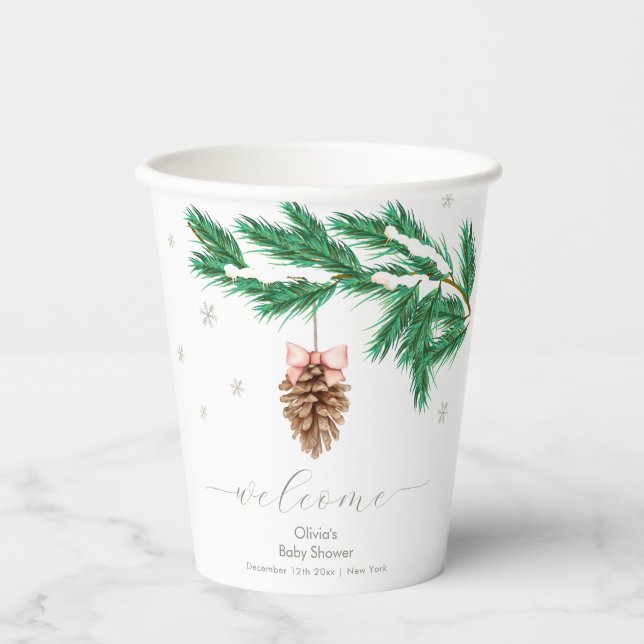 Winter Snowflake Pine cone Baby Shower Welcome Pappbecher (Vorderseite)