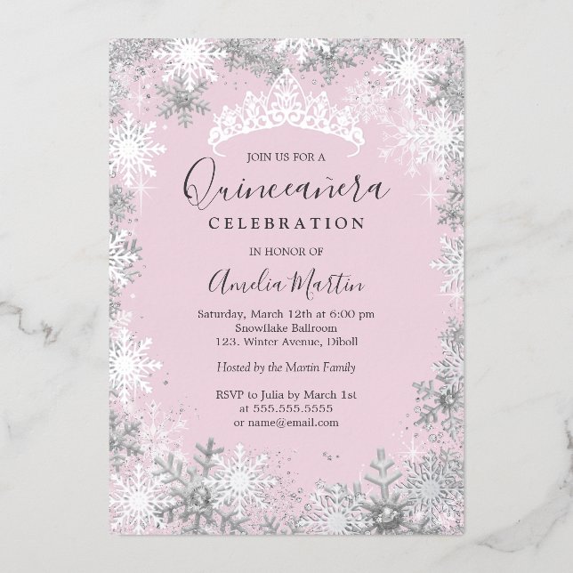 Winter Snowflake Pink Silver Quinceanera Folieneinladung (Vorderseite)