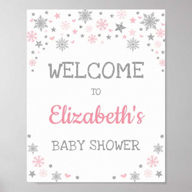 Winter Snowflake Rosa Silver Baby Dusche Willkomme Poster (Vorne)