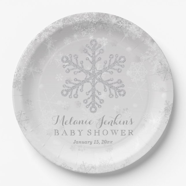 Winter Snowflake Silver Baby Shower Paper Plates Pappteller (Vorderseite)