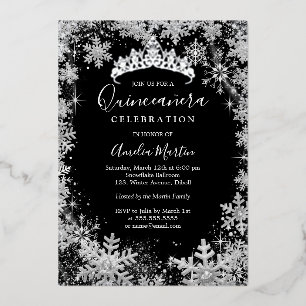 Winter Snowflake Silver Black Quinceanera Folieneinladung