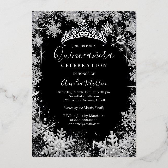 Winter Snowflake Silver Black Quinceanera Folieneinladung (Vorderseite)