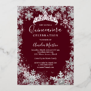 Winter Snowflake Silver Burgundy Quinceanera Folieneinladung