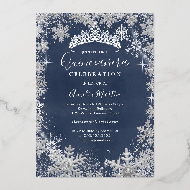 Winter Snowflake Silver Navy Quinceanera Folieneinladung (Vorderseite)