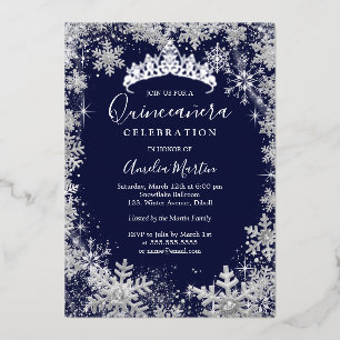 Winter Snowflake Silver Navy Quinceanera Folieneinladung