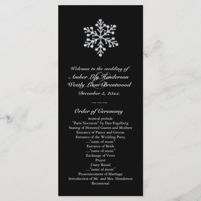 Winter Snowflake Wedding Programm (schwarz) (Vorderseite)