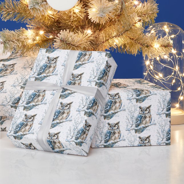 Winter Snowflakes Blue Owl Christmas Snow Geschenkpapier (Feiertage)