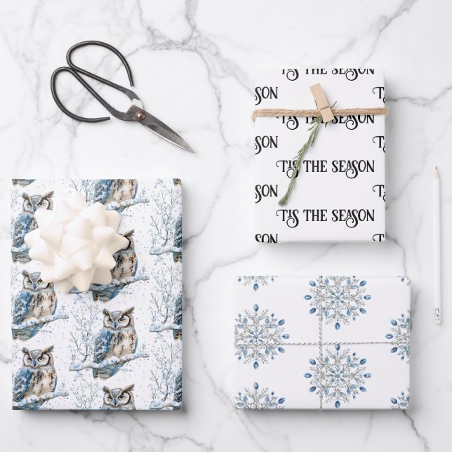 Winter Snowflakes Blue Owl Christmas Snow Geschenkpapier Set (Vorderseite)