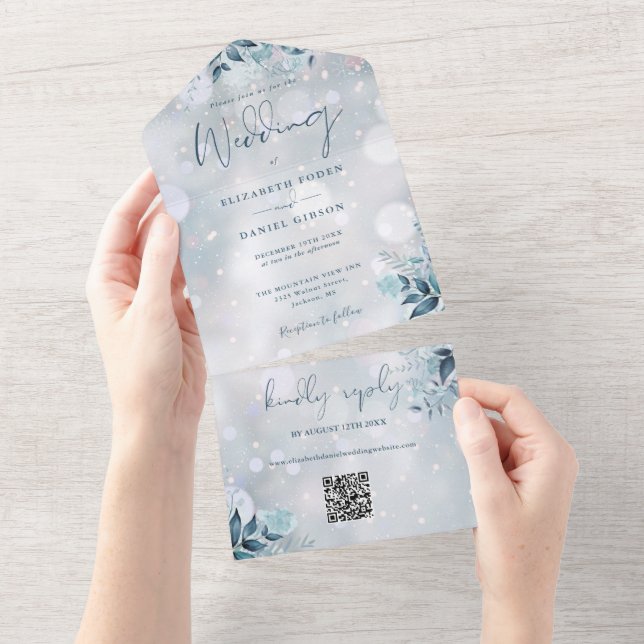 Winter Snowflakes Floral QR Code Hochzeit All In One Einladung (Abreißen)