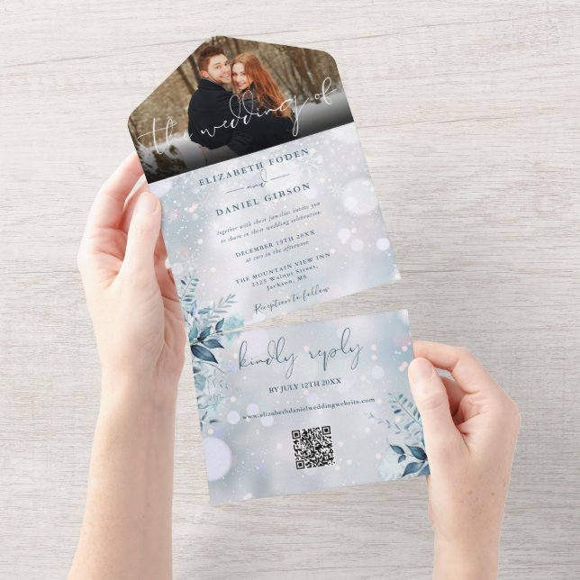Winter Snowflakes Floral QR Code Hochzeit Foto All In One Einladung (Abreißen)